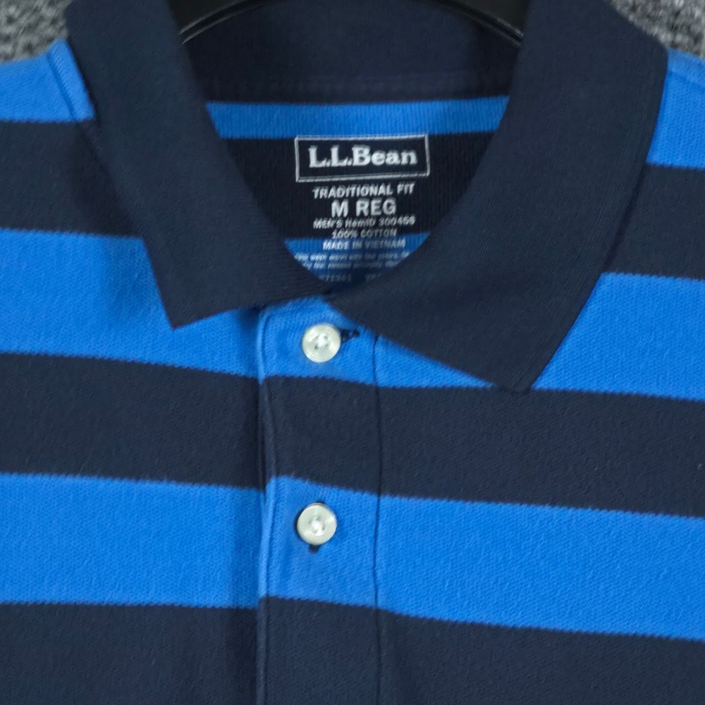 LLBean Mens Traditional Fit Polo Shirt Blue Navy Stripe Short Sleeve Size M Reg